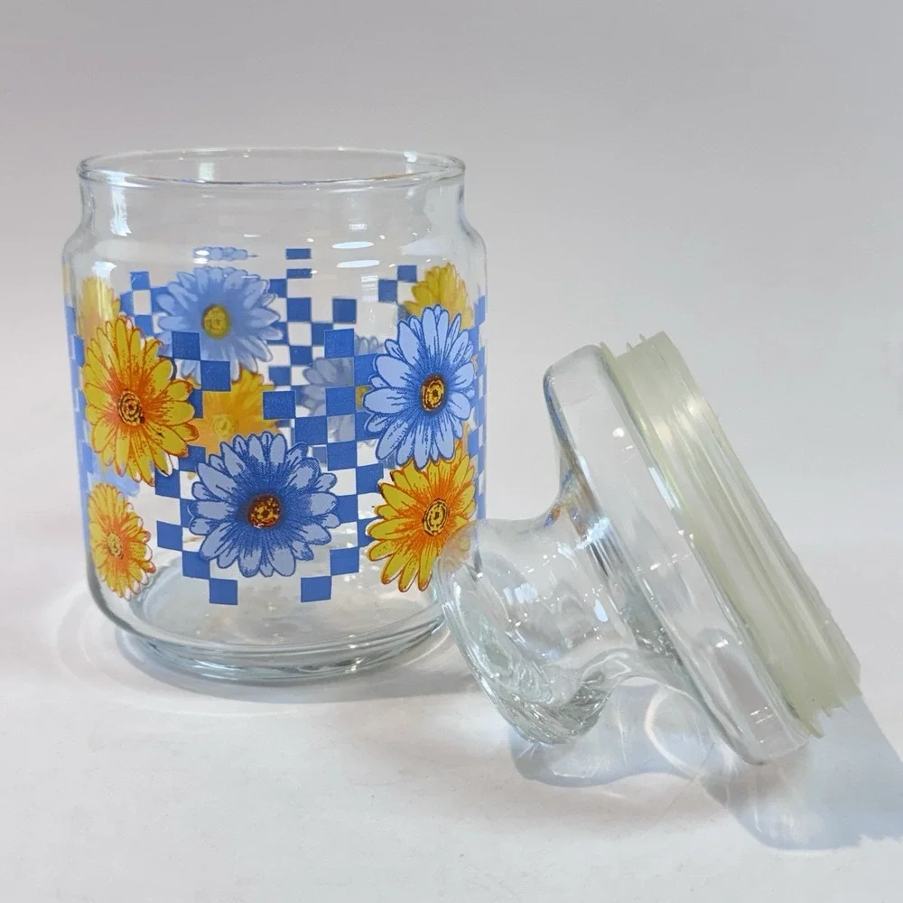 Clear Glass Canister Jar w Airtight Lid Floral & Check Pattern Farmhouse Cottage